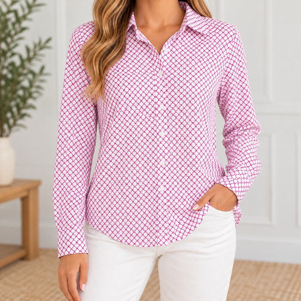 Talbots Womens 8P Pink White Geometric Print Button Down Shirt Wrinkle Resistant